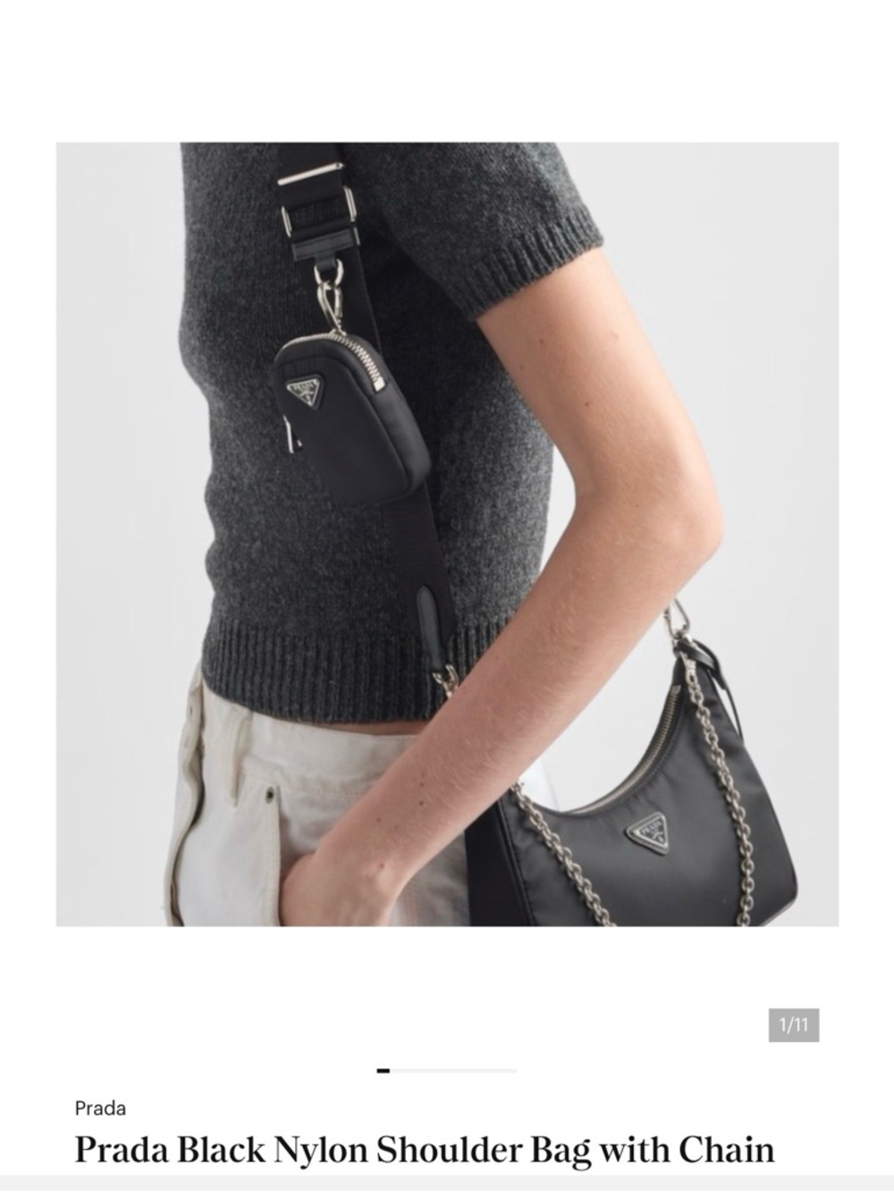 Prada Black Nylon Shoulder Bag with Silver Chain and Detachable Strap Pouch